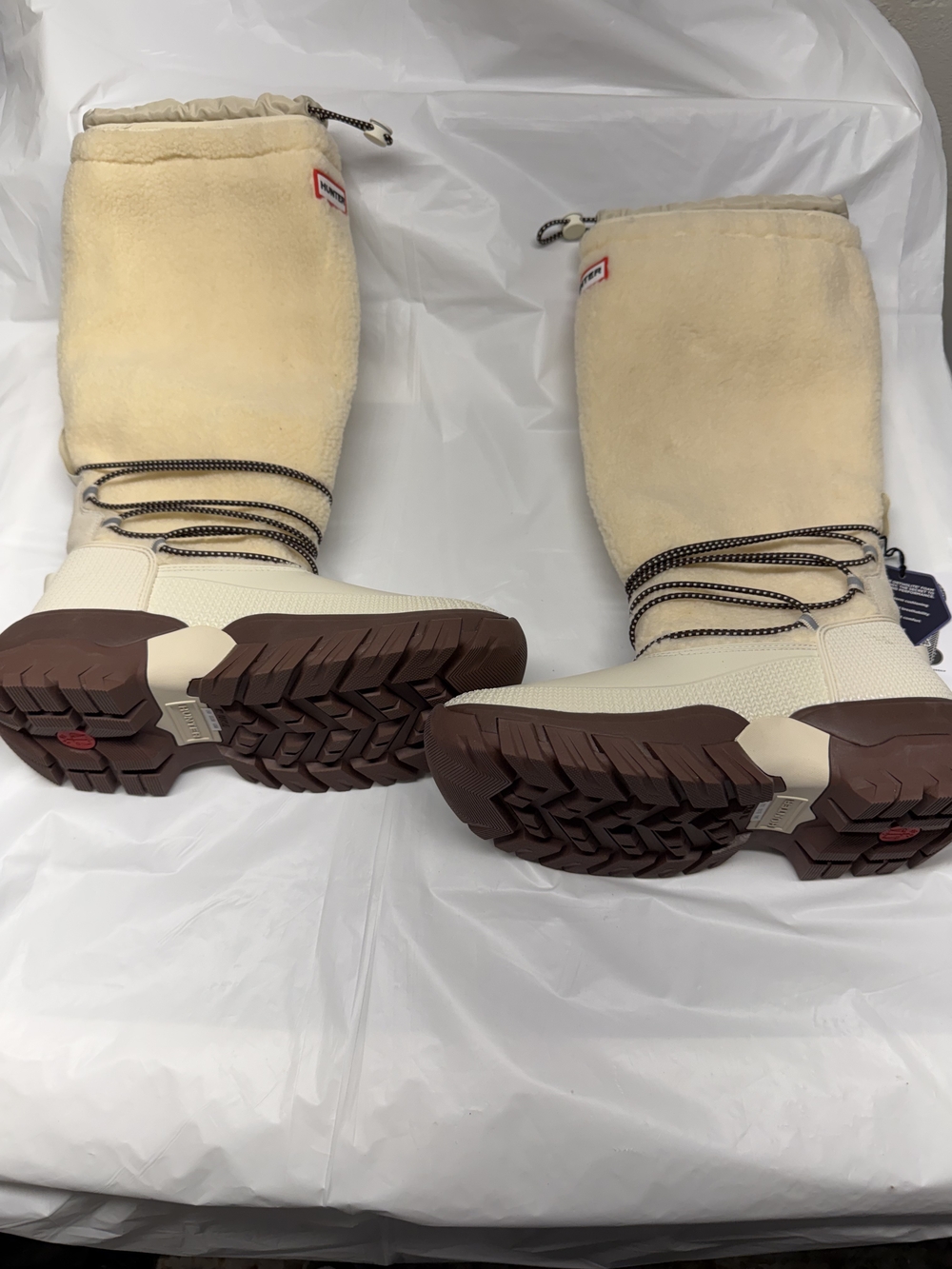 Hunter Cream Plush Winter Boots with Brown Lug Sole